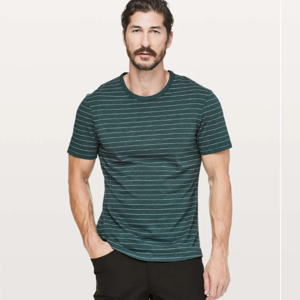Men’s Lululemon 5 Year Basic Tee Short Sleeve Stripe Heathered Emerald Large